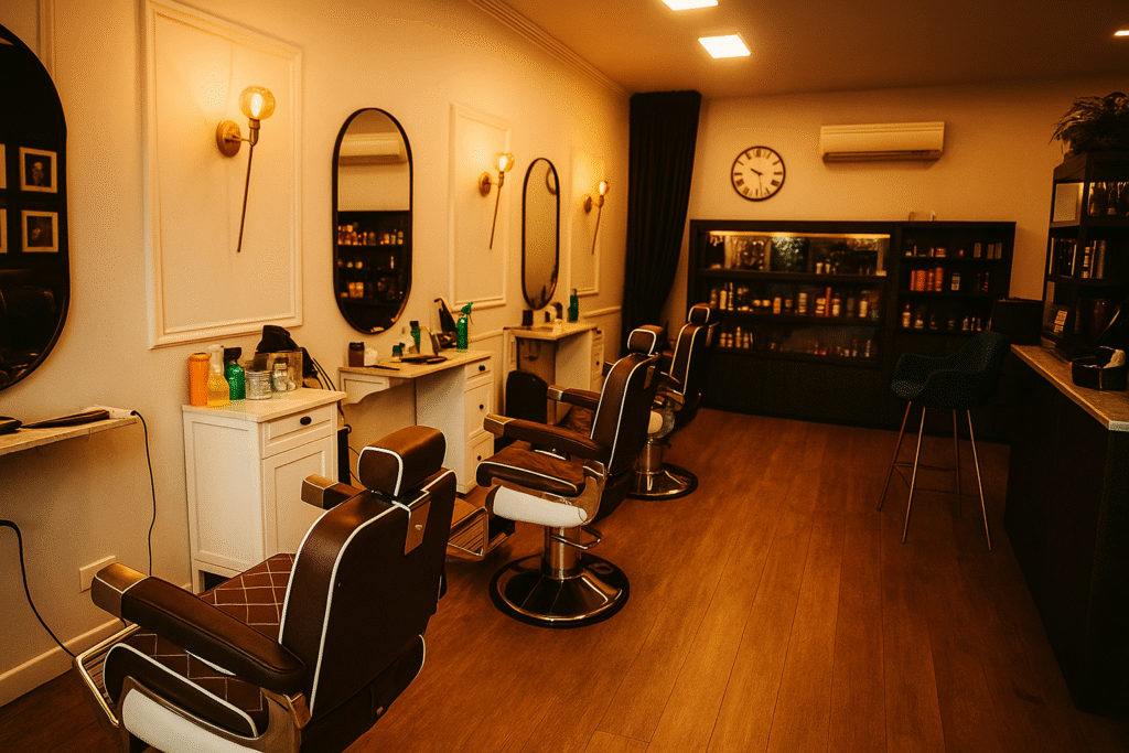 Interior de la Peluquería Cruz en Madrid, con sillones de barbero y decoración elegante