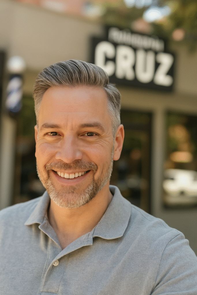 Cliente sonriendo en la entrada de la Peluquería Cruz