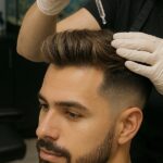 Hombre recibiendo tratamiento capilar en peluquería, prevención de caída del cabello