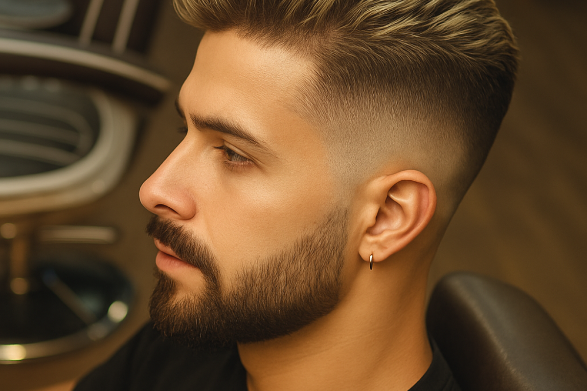 Corte de pelo masculino moderno con degradado y volumen